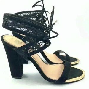 Aldo Black Lace Heels with Gold Accents